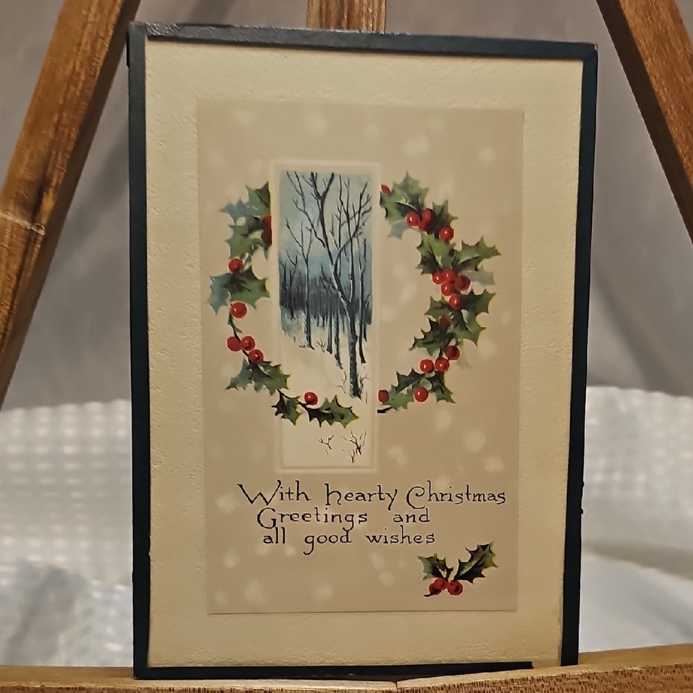 VTG - 1940's Festive Holiday Greeting Card with Holly Design - Framed In Glass